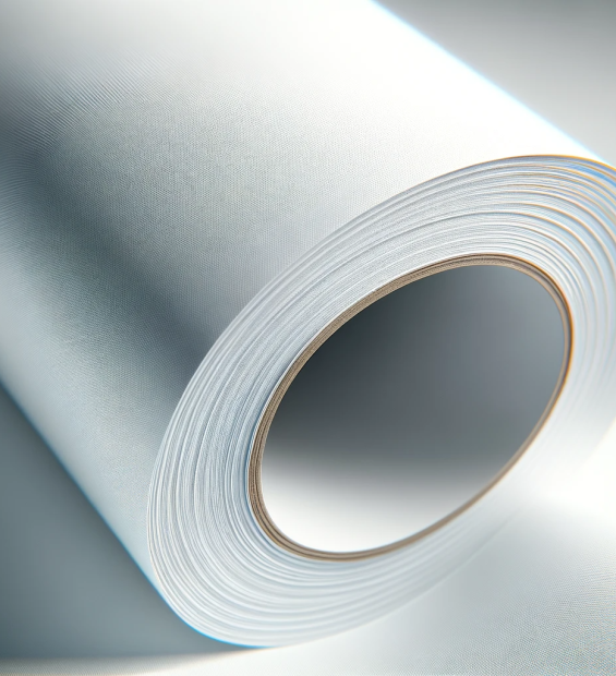 DALL·E 2023-11-18 17.39.54 - A close-up, highly detailed image of a white industrial paper roll with a subtly glossy surface. The paper should have a faint sheen, indicating a sli